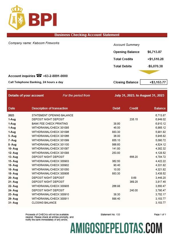 Realista Bank Of The Philippine Islands Business Statement Modelo Word e PDF